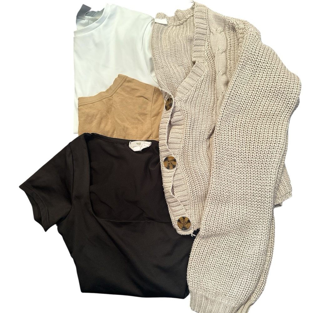 10/12 Girls Beige Chunky Knit Cardigan Sweater, 3 tee shirts. One onesie
